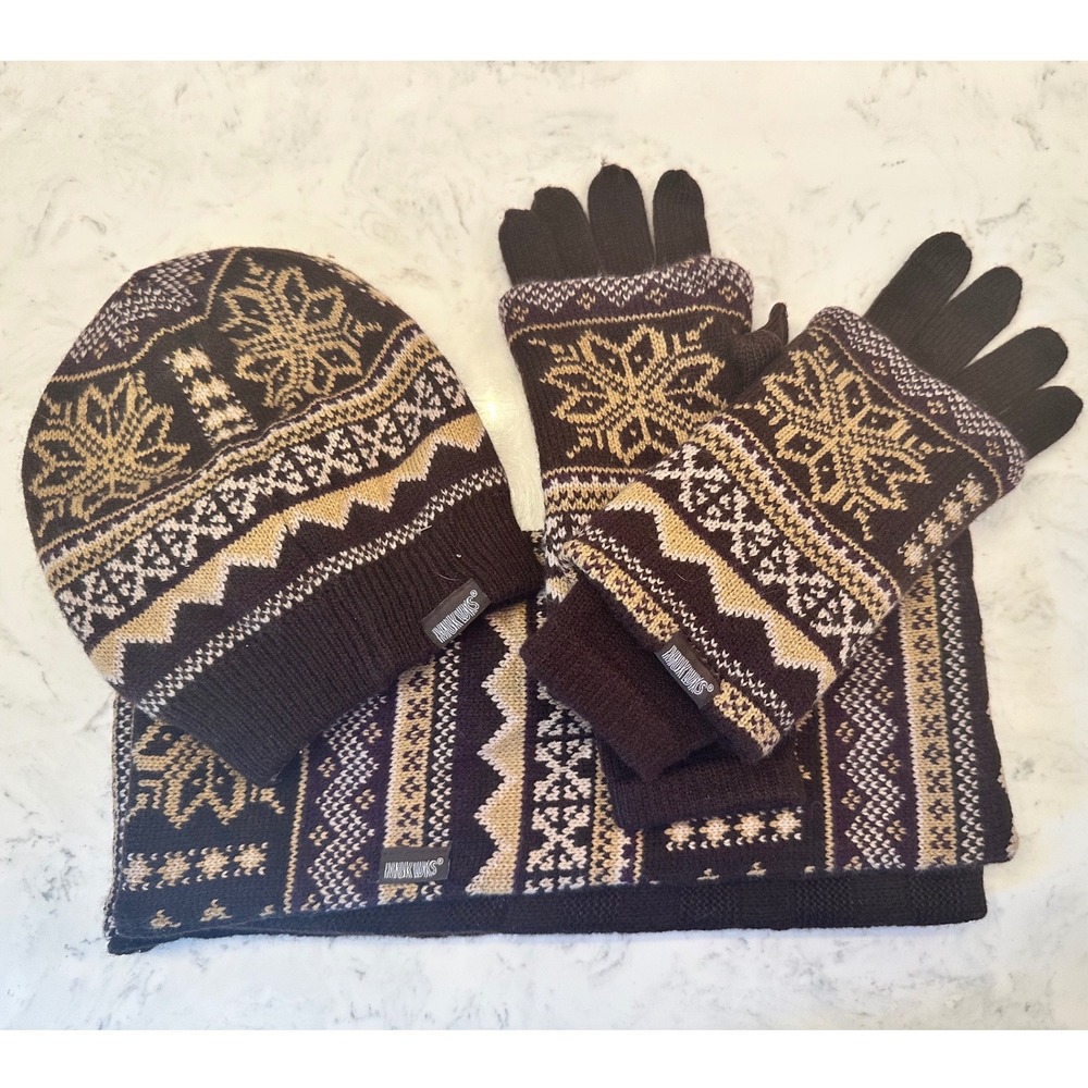 Muk Luks Fair Isle Beanie Scarf and Gloves Set Brown Snowflake Reversible 3pc
